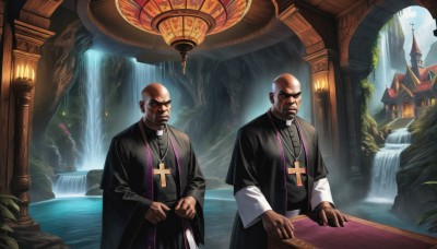 long sleeves,jewelry,standing,male focus,multiple boys,indoors,dark skin,2boys,water,necklace,tree,facial hair,sunglasses,dark-skinned male,cross,plant,scenery,beard,robe,mustache,candle,bald,cross necklace,waterfall,latin cross,church,arch,black robe,priest,parody,crossover,realistic