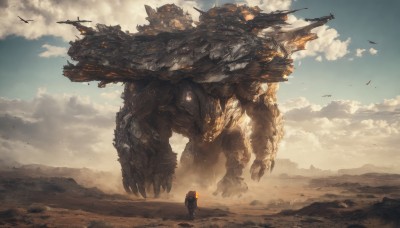 1boy,standing,outdoors,sky,day,cloud,bag,from behind,blue sky,glowing,backpack,cloudy sky,robot,scenery,mecha,claws,1other,science fiction,monster,aircraft,spacecraft,desert,dust,signature,bird,smoke,flying,walking,mountain,sand,size difference,giant,ambiguous gender,non-humanoid robot