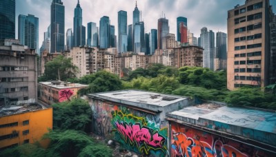 outdoors,sky,day,cloud,water,tree,blue sky,no humans,cloudy sky,building,scenery,reflection,city,car,road,cityscape,ruins,street,skyscraper,graffiti,overgrown,real world location,post-apocalypse,ground vehicle,motor vehicle