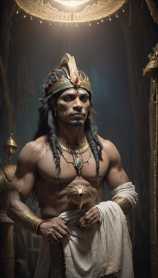 solo,long hair,black hair,1boy,jewelry,nipples,standing,male focus,cowboy shot,earrings,parted lips,indoors,dark skin,necklace,bracelet,muscular,facial hair,piercing,abs,dark-skinned male,ring,crown,pectorals,muscular male,beard,topless male,realistic,goatee,bracer,gold,dreadlocks,looking at viewer,black eyes,ear piercing,bara,large pectorals,mature male,nipple piercing,manly,lip piercing