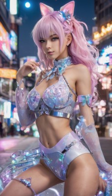 1girl,solo,long hair,breasts,looking at viewer,bangs,large breasts,hair ornament,navel,animal ears,cleavage,bare shoulders,brown eyes,jewelry,medium breasts,underwear,panties,pink hair,earrings,outdoors,parted lips,detached sleeves,midriff,cat ears,dark skin,nail polish,bra,blurry,dark-skinned female,lips,see-through,thigh strap,night,blurry background,fake animal ears,piercing,realistic,signature,bracelet,city,butterfly hair ornament