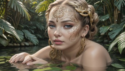 1girl,solo,looking at viewer,short hair,blue eyes,blonde hair,brown hair,hair ornament,jewelry,nude,earrings,outdoors,parted lips,water,lips,grey eyes,leaf,facial mark,ring,plant,portrait,partially submerged,freckles,circlet,realistic,nose,bathing,lily pad,bare shoulders,collarbone,upper body,fingernails,eyelashes,makeup,nature,facepaint,mascara