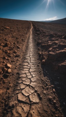 outdoors,sky,day,cloud,water,tree,blue sky,no humans,from above,sunlight,scenery,rock,mountain,sand,sun,road,landscape,brown theme,desert,cliff,reflection,light rays