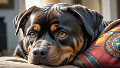 HQ,solo,brown eyes,closed mouth,lying,indoors,blurry,pillow,book,no humans,depth of field,blurry background,animal,cat,on stomach,curtains,realistic,chinese zodiac,animal focus,whiskers,tiger,looking at viewer,hat,yellow eyes,artist name,close-up,dog