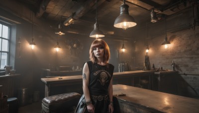 1girl,solo,looking at viewer,short hair,bangs,brown hair,shirt,brown eyes,jewelry,standing,cowboy shot,sleeveless,belt,pants,indoors,blunt bangs,medium hair,bracelet,cup,lips,black shirt,window,tattoo,chair,table,sunlight,bottle,t-shirt,scenery,light,lamp,arm tattoo,stool,bar (place),light bulb,counter,ceiling light,weapon,red hair,solo focus,necklace,orange hair,makeup,chain,ring,lipstick,wall,brick wall,ceiling,cabinet