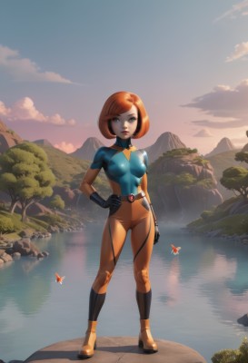 1girl,solo,breasts,looking at viewer,short hair,blue eyes,brown hair,gloves,medium breasts,standing,full body,boots,outdoors,sky,black gloves,belt,cloud,water,orange hair,high heels,tree,lips,hand on hip,bodysuit,makeup,swept bangs,watermark,bob cut,bug,lipstick,butterfly,nature,skin tight,reflection,sunset,rock,mountain,red lips,river,lake,cliff,red hair