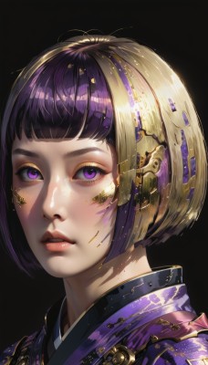 1girl,solo,looking at viewer,blush,short hair,bangs,blonde hair,simple background,purple eyes,purple hair,multicolored hair,parted lips,japanese clothes,shiny,blunt bangs,kimono,shiny hair,lips,eyelashes,makeup,bob cut,lipstick,black background,portrait,eyeshadow,realistic,nose,red lips,eyeliner,purple kimono,mascara,black hair,streaked hair