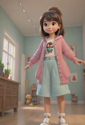 1girl,solo,long hair,looking at viewer,smile,bangs,skirt,brown hair,shirt,long sleeves,brown eyes,closed mouth,standing,jacket,full body,white shirt,boots,open clothes,shoes,indoors,hood,medium hair,open jacket,lips,blue skirt,window,hoodie,buttons,stuffed toy,white footwear,cardigan,hood down,plant,child,wooden floor,female child,potted plant,pink jacket,open cardigan,shelf,pink cardigan,picture (object),pink hoodie,blush,short hair,ponytail,socks,blurry,stuffed animal,high ponytail,long skirt