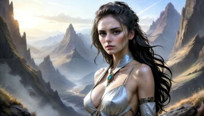 HQ,1girl,solo,long hair,breasts,looking at viewer,blue eyes,black hair,cleavage,bare shoulders,jewelry,medium breasts,upper body,outdoors,parted lips,detached sleeves,sky,day,necklace,lips,detached collar,sunlight,gem,mountain,realistic,nose,dress,cloud,blue sky,scenery,landscape