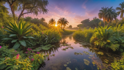 flower, outdoors, sky, cloud, water, tree, no humans, plant, nature, scenery, reflection, sunset, palm tree