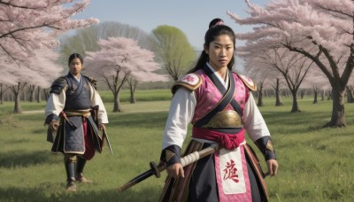 1girl,long hair,looking at viewer,black hair,long sleeves,1boy,holding,brown eyes,weapon,outdoors,japanese clothes,day,sword,holding weapon,armor,tree,lips,sash,holding sword,chinese clothes,katana,grass,cherry blossoms,sheath,walking,sheathed,realistic,scabbard,standing