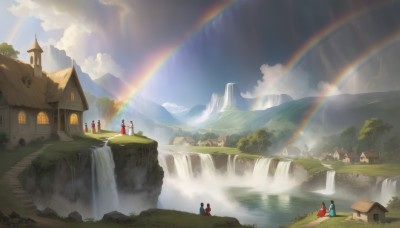 1girl,weapon,outdoors,multiple boys,sky,day,cloud,water,cape,tree,blue sky,grass,building,nature,scenery,mountain,fantasy,red cape,house,bridge,rainbow,river,castle,waterfall,long hair,multiple girls,2girls,standing,bird,sunlight,cloudy sky,light rays,multiple others,landscape,cliff,town,very wide shot