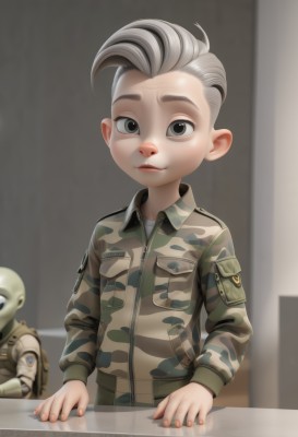 solo,looking at viewer,1boy,closed mouth,jacket,grey hair,male focus,multicolored hair,multiple boys,solo focus,indoors,blurry,uniform,black eyes,grey eyes,military,military uniform,blurry background,child,pocket,male child,camouflage,soldier,patch,camouflage jacket,smile,long sleeves,upper body,zipper,mohawk