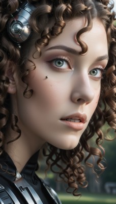 1girl,solo,looking at viewer,brown hair,green eyes,parted lips,teeth,blurry,lips,eyelashes,bodysuit,makeup,blurry background,wavy hair,portrait,close-up,freckles,science fiction,curly hair,realistic,nose,artist name,headphones,watermark