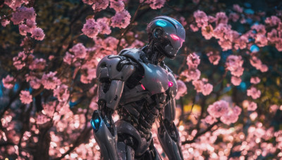 solo, 1boy, upper body, male focus, pink eyes, blurry, tree, blurry background, glowing, robot, cherry blossoms, glowing eyes, science fiction, humanoid robot