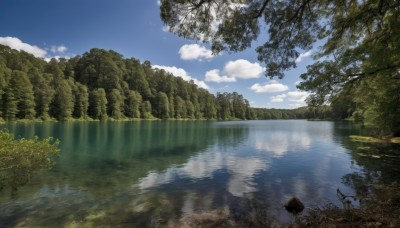 outdoors,sky,day,cloud,water,tree,blue sky,no humans,sunlight,cloudy sky,grass,nature,scenery,forest,reflection,rock,mountain,river,landscape,lake,reflective water,bird