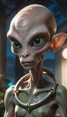 1girl,solo,breasts,looking at viewer,nipples,green eyes,collarbone,upper body,small breasts,pointy ears,blurry,lips,blurry background,colored skin,monster girl,science fiction,veins,realistic,bald,green skin,alien,1boy,male focus,nude,genderswap,cable,ribs