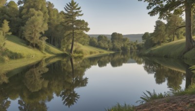 outdoors,sky,day,water,tree,blue sky,no humans,grass,plant,nature,scenery,forest,reflection,road,river,landscape,lake,fantasy,reflective water