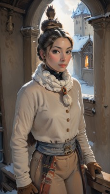 1girl,solo,long hair,looking at viewer,blush,smile,brown hair,black hair,gloves,long sleeves,brown eyes,jewelry,standing,cowboy shot,earrings,outdoors,day,belt,pants,hair bun,scarf,lips,coat,buttons,single hair bun,building,snow,forehead,brown gloves,white scarf,winter clothes,architecture,brown pants,winter,leather gloves,black eyes,freckles,realistic,nose