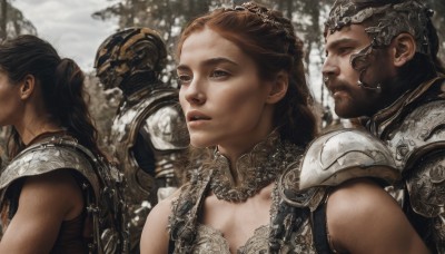 long hair,breasts,multiple girls,brown hair,black hair,1boy,2girls,cleavage,brown eyes,upper body,braid,outdoors,parted lips,multiple boys,3girls,2boys,armor,blurry,lips,looking to the side,profile,blurry background,facial hair,3boys,helmet,shoulder armor,beard,pauldrons,breastplate,realistic,looking afar,gorget,1girl,ponytail,fantasy,manly