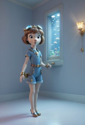 1girl,solo,looking at viewer,smile,short hair,open mouth,bangs,brown hair,shirt,brown eyes,jewelry,standing,full body,short sleeves,shorts,belt,indoors,necklace,black eyes,bracelet,chain,sandals,blue shirt,goggles,child,fish,blue shorts,goggles on head,door,female child,overalls,key,aquarium,small breasts,parted lips,necktie,shoes,teeth,artist name,window,plant,underwater,light,buck teeth