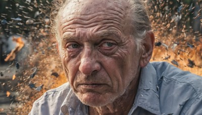 solo,looking at viewer,shirt,1boy,closed mouth,white shirt,white hair,male focus,collared shirt,blurry,grey eyes,blurry background,facial hair,portrait,veins,serious,rock,realistic,bald,manly,explosion,old,old man,debris,destruction,wrinkled skin,short hair,jacket,grey hair,beard