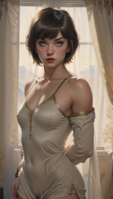 1girl,solo,breasts,looking at viewer,blush,short hair,bangs,blue eyes,brown hair,black hair,dress,cleavage,bare shoulders,jewelry,medium breasts,standing,collarbone,cowboy shot,parted lips,detached sleeves,pussy,artist name,indoors,white dress,bracelet,covered nipples,lips,see-through,pubic hair,window,no bra,covered navel,makeup,no panties,female pubic hair,short dress,lipstick,curtains,backlighting,freckles,arm behind back,arm at side,realistic,nose,red lips,closed mouth,earrings,small breasts,day,nail polish,arms behind back,piercing,nipple piercing,navel piercing,mascara