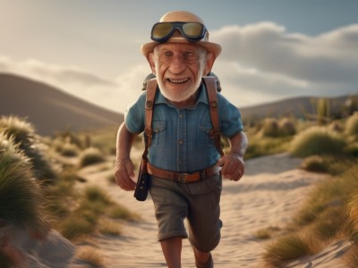 solo,looking at viewer,smile,open mouth,shirt,1boy,hat,standing,short sleeves,grey hair,male focus,outdoors,sky,shorts,teeth,day,collared shirt,belt,pants,cloud,bag,blurry,blue sky,depth of field,blurry background,facial hair,sunglasses,backpack,blue shirt,goggles,beard,walking,pocket,mountain,realistic,brown headwear,brown belt,breast pocket,holster,old,brown shorts,old man,white hair,artist name,signature,grin,tree,dutch angle,grass,denim,running,pouch,mountainous horizon,goggles on headwear