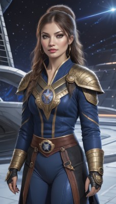 1girl,solo,long hair,breasts,looking at viewer,brown hair,gloves,brown eyes,jewelry,closed mouth,standing,ponytail,cowboy shot,earrings,sky,black gloves,belt,pants,fingerless gloves,armor,lips,bodysuit,makeup,night,lipstick,shoulder armor,star (sky),starry sky,pauldrons,gold trim,hoop earrings,realistic,nose,arms at sides,blue pants,red lips,space,animification,shooting star,blue bodysuit,spacecraft