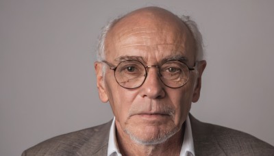 solo,looking at viewer,simple background,shirt,1boy,closed mouth,green eyes,jacket,white shirt,white hair,grey hair,male focus,glasses,collared shirt,grey background,facial hair,portrait,beard,black-framed eyewear,brown jacket,realistic,round eyewear,mustache,old,old man,wrinkled skin,mole,mole under eye,formal,bald