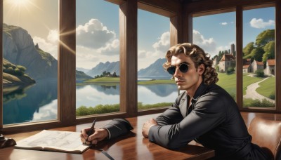 solo,blonde hair,brown hair,shirt,long sleeves,1boy,holding,sitting,jacket,male focus,sky,day,cloud,indoors,tree,blue sky,black jacket,window,bird,chair,formal,table,sunglasses,suit,scenery,desk,reflection,curly hair,mountain,sun,pen,pencil,landscape,lake,writing,holding pencil,short hair,closed mouth,water,lips,book,facial hair,sunlight,building,paper,mustache,leather,mountainous horizon,leather jacket