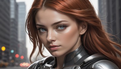 1girl,solo,long hair,looking at viewer,blue eyes,brown hair,outdoors,parted lips,armor,blurry,lips,eyelashes,bodysuit,blurry background,building,portrait,close-up,forehead,freckles,science fiction,city,realistic,nose,blush,day,depth of field,shoulder armor,pauldrons,bokeh