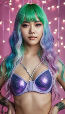 1girl,solo,long hair,breasts,looking at viewer,bangs,navel,brown eyes,jewelry,closed mouth,underwear,swimsuit,upper body,bikini,multicolored hair,small breasts,green hair,blunt bangs,nail polish,bra,bracelet,two-tone hair,lips,gradient hair,wavy hair,wristband,hands on hips,realistic,medium breasts,pink hair