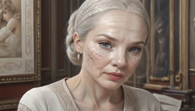 1girl,solo,looking at viewer,blue eyes,dress,jewelry,closed mouth,white hair,grey hair,hairband,earrings,artist name,indoors,hair bun,white dress,mole,blurry,lips,grey eyes,blurry background,scar,portrait,realistic,red lips,photo (object),portrait (object),braid,makeup,painting (object)