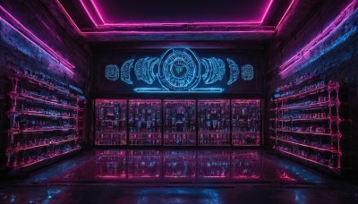 indoors,book,dutch angle,no humans,scenery,science fiction,bookshelf,dark,library,neon lights,signature,glowing,bottle,bar (place),cyberpunk