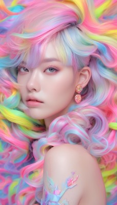 1girl,solo,long hair,looking at viewer,bangs,blonde hair,bare shoulders,jewelry,blue hair,upper body,pink hair,multicolored hair,earrings,parted lips,black eyes,lips,grey eyes,eyelashes,gradient hair,makeup,watermark,portrait,crystal,realistic,nose,colorful,rainbow hair,white hair