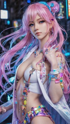 1girl,solo,long hair,breasts,looking at viewer,bangs,blue eyes,large breasts,hair ornament,navel,cleavage,jewelry,medium breasts,underwear,pink hair,heart,cowboy shot,hairband,earrings,parted lips,open clothes,shorts,midriff,belt,hand up,necklace,stomach,hair bun,nail polish,blurry,bracelet,lips,fingernails,short shorts,makeup,blurry background,piercing,single hair bun,ring,suspenders,blue nails,beads,hoop earrings,city,realistic,navel piercing,belly chain,very long hair,closed mouth,crop top,eyelashes,double bun,tattoo,gem,pendant,long fingernails,nail art