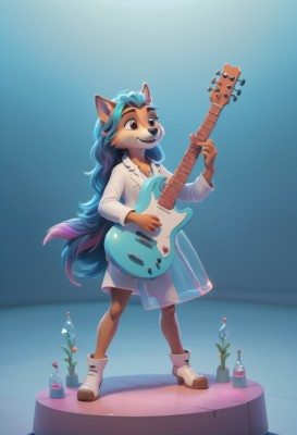 1girl,solo,long hair,breasts,smile,bangs,simple background,shirt,long sleeves,holding,animal ears,brown eyes,very long hair,closed mouth,blue hair,standing,collarbone,tail,full body,flower,sidelocks,multicolored hair,small breasts,boots,teeth,shiny,artist name,indoors,hand up,signature,black eyes,high heels,flat chest,two-tone hair,coat,see-through,gradient,gradient background,:3,buttons,watermark,blue background,looking down,happy,white footwear,bottle,instrument,wolf tail,furry,freckles,furry female,music,labcoat,white coat,guitar,tiles,potted plant,body fur,tile floor,playing instrument,holding instrument,animal nose,vase,snout,brown fur,two-tone fur,open mouth,blue eyes,shoes,alternate costume,collared shirt,fox ears,fox tail,wavy hair,red flower,fox girl,blue theme,test tube,yellow fur