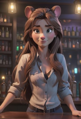 1girl,solo,long hair,breasts,looking at viewer,blush,smile,brown hair,shirt,animal ears,cleavage,brown eyes,medium breasts,closed mouth,collarbone,upper body,small breasts,collared shirt,belt,pants,artist name,indoors,blurry,lips,buttons,blurry background,thick eyebrows,bottle,denim,furry,buckle,alcohol,sleeves rolled up,freckles,pocket,black belt,belt buckle,mouse ears,furry female,unbuttoned,partially unbuttoned,bar (place),counter,blue eyes,underwear,bra,blue shirt,black bra,shelf,bra peek