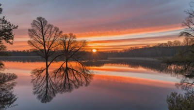 outdoors,sky,artist name,cloud,signature,water,tree,no humans,watermark,sunlight,cloudy sky,nature,scenery,forest,reflection,sunset,mountain,sun,bare tree,river,landscape,lake,gradient sky,orange sky,grass,road,twilight,reflective water