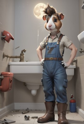 solo,looking at viewer,brown hair,shirt,gloves,1boy,animal ears,standing,full body,white shirt,short sleeves,male focus,boots,collared shirt,belt,indoors,white gloves,mask,animal,brown footwear,moon,furry,hands on hips,tiles,overalls,furry male,bathroom,mouse,tile wall,whiskers,sink,faucet,artist name,black eyes,night,night sky,mirror,toothbrush,screw