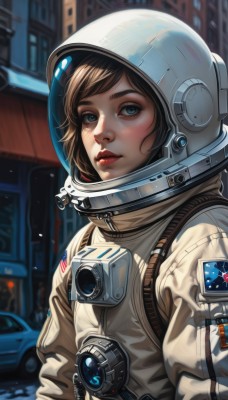 1girl,solo,looking at viewer,short hair,bangs,blue eyes,brown hair,closed mouth,upper body,blurry,lips,eyelashes,makeup,depth of field,blurry background,helmet,ground vehicle,motor vehicle,freckles,science fiction,realistic,nose,red lips,car,space,american flag,spacesuit,space helmet,astronaut,outdoors,parted lips,swept bangs,lipstick,building,japanese flag