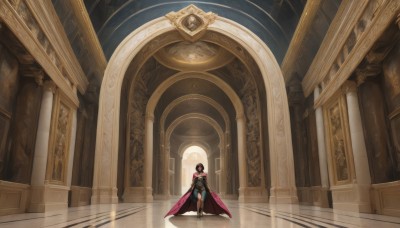 1girl,solo,looking at viewer,short hair,black hair,1boy,standing,male focus,boots,indoors,cape,armor,sunlight,scenery,light rays,stairs,red cape,wide shot,pillar,hallway,arch,reflective floor,column,pink cape,long hair,breasts,navel,cleavage,jewelry,sitting,weapon,tiara,anklet