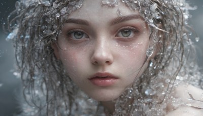 1girl,solo,long hair,looking at viewer,brown hair,jewelry,closed mouth,green eyes,grey hair,earrings,parted lips,artist name,blurry,lips,grey eyes,eyelashes,portrait,snow,close-up,snowing,realistic,nose,snowflakes,hair ornament,brown eyes,flower,floating hair,depth of field,expressionless,freckles