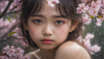 1girl, solo, long hair, looking at viewer, brown hair, bare shoulders, brown eyes, closed mouth, flower, outdoors, blurry, lips, wet, depth of field, blurry background, cherry blossoms, portrait, close-up, freckles, water drop, realistic, nose, branch, wet hair