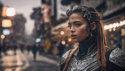 1girl,solo,long hair,blue eyes,brown hair,jewelry,upper body,earrings,outdoors,dark skin,armor,blurry,dark-skinned female,lips,depth of field,blurry background,shoulder armor,freckles,pauldrons,breastplate,city,realistic,nose,chainmail,goggles,bandaid,goggles on head,shoulder pads