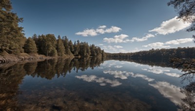 outdoors,sky,day,cloud,water,tree,blue sky,no humans,cloudy sky,nature,scenery,forest,reflection,river,landscape,reflective water,fantasy,lake