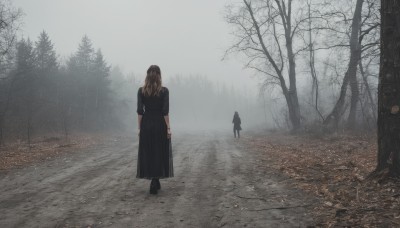 1girl,long hair,brown hair,1boy,dress,2girls,standing,outdoors,from behind,black dress,tree,coat,nature,scenery,forest,silhouette,facing away,bare tree,fog,grey sky,multiple girls,sky,solo focus,cloud,black footwear,cloudy sky,rain