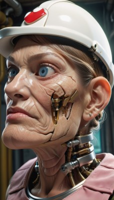 1girl,solo,short hair,blue eyes,blonde hair,hat,closed mouth,blurry,collar,lips,blurry background,white headwear,helmet,portrait,science fiction,realistic,nose,android,old,cyborg,mechanical parts,old woman,brown hair,jewelry,earrings,eyelashes,robot,close-up,joints,damaged,robot joints