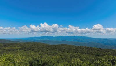 outdoors,sky,day,cloud,tree,blue sky,no humans,cloudy sky,grass,nature,scenery,forest,mountain,field,landscape,mountainous horizon,hill,signature,horizon